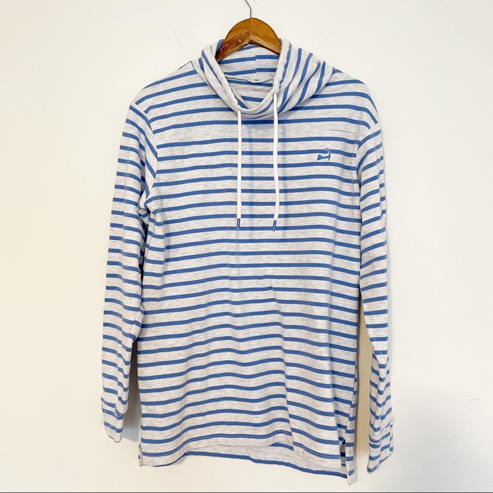 Striped Blue & White Cowl Neck Women’s Sweater